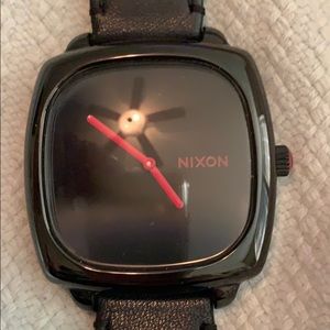 Nixon black leather watch with hot pink dial!